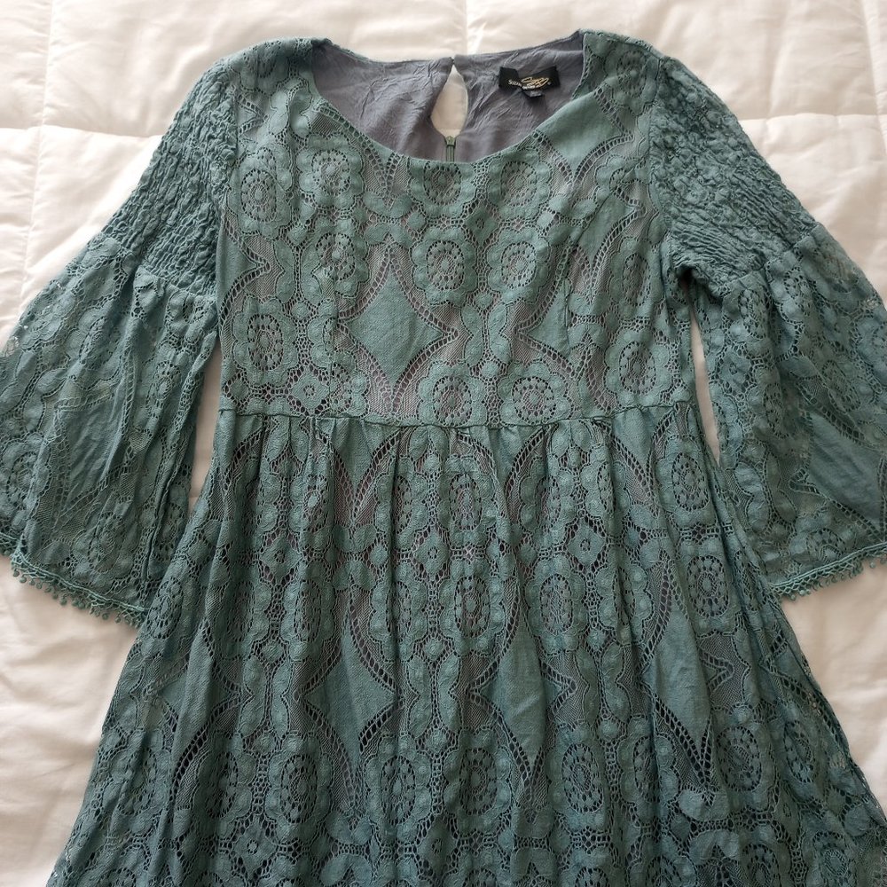 Aqua lace flared sleeve dress